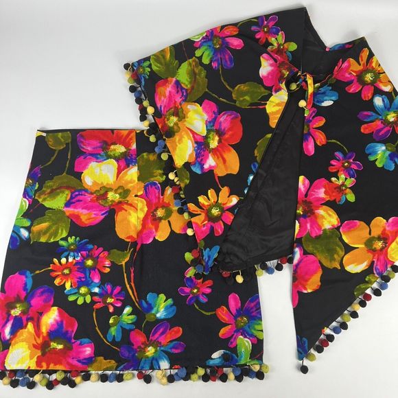 Vtg GoGo Dress Sz M Matching Shawl & Skirt‎ Handmade Bright Flowers Pom Pom Trim - Picture 5 of 16